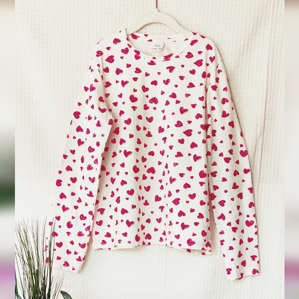 Zara Little Girls White Long Sleeve Heart Print Top Size 11-12 💰